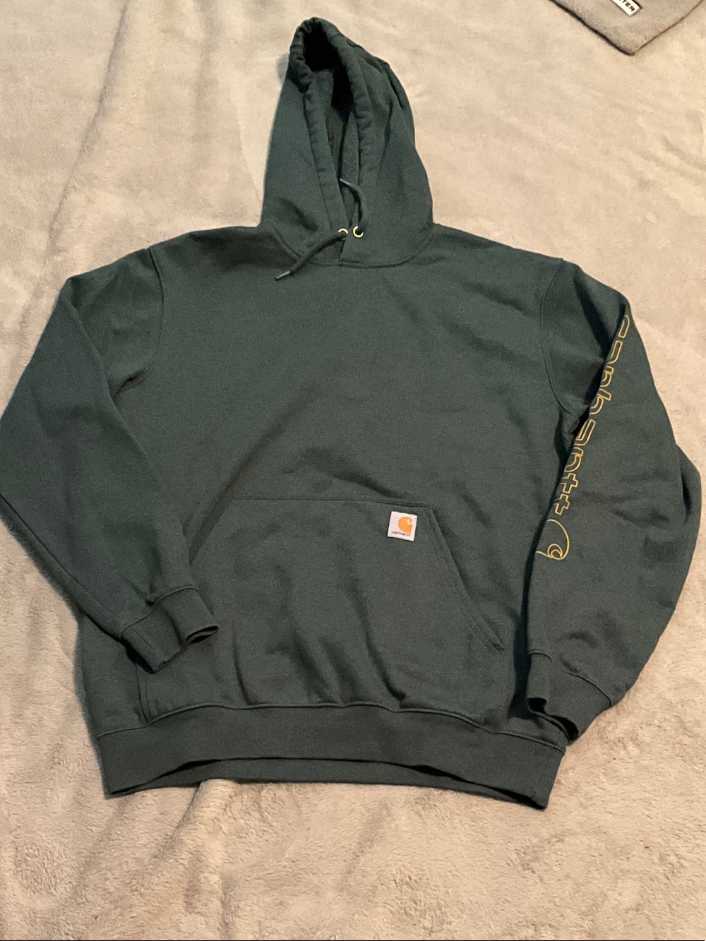 Carhartt Dark Green Hoodie with Yellow Sleeve Script